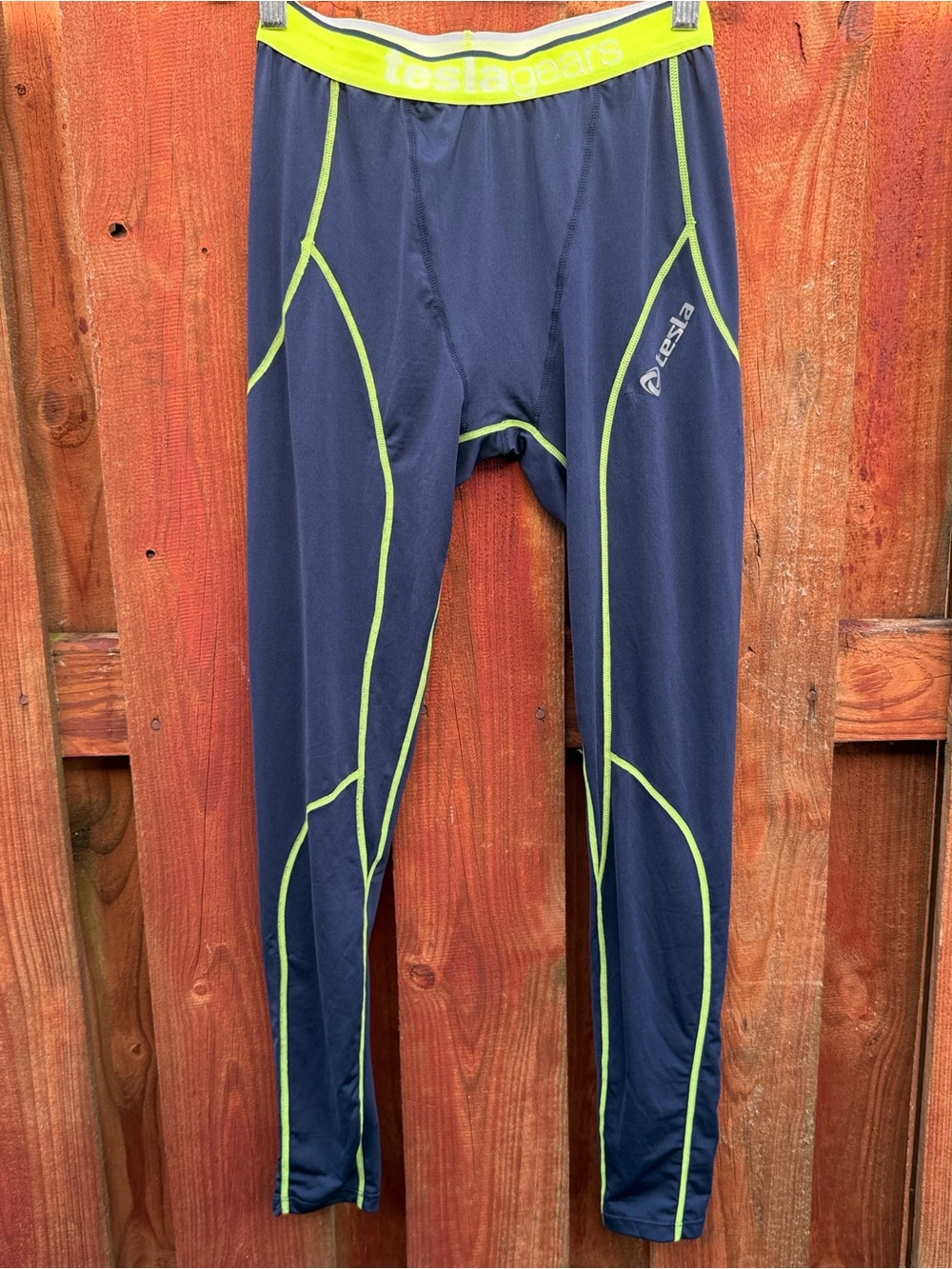 TSLA Men's TM-P16 Cool Dry Compression Pants Leggings Navy Lime Green Size L
